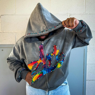 satın al Custom Rhinestone Zip Up Hoodie 450 gsm Kalın Ağır Ağırlık Ekran Baskı Logo Zipper Hoodies Erkekler online manufacture