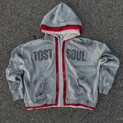 satın al Özel Sokak Giysileri Çift 3 Zipper Asit Yıkama Vintage Baggy Boxy Fit Sıkıntılı Rhinestone Üç Katmanlı Zip Up Hoodie online manufacture
