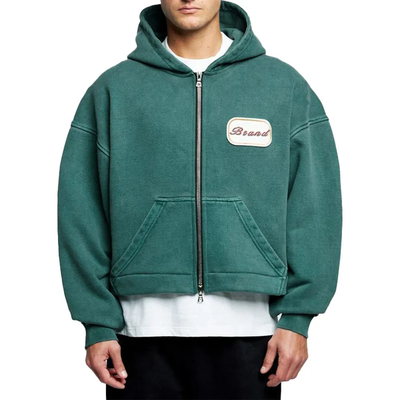 satın al Özel Logo Patch Uygulamalı nakış Ağırlık 600 gsm Hoodie Baggy Boxy Kırılmış Asit Yıkama Çift Fermuar Hoodie online manufacture