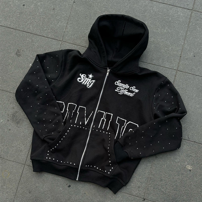 satın al Özel Rhinestone Zip Up Hoodie 450 gsm Kalın Ağır Ağırlık Ekran Baskı Logo Sokak Giysi Zipper Hoodies Erkekler online manufacture