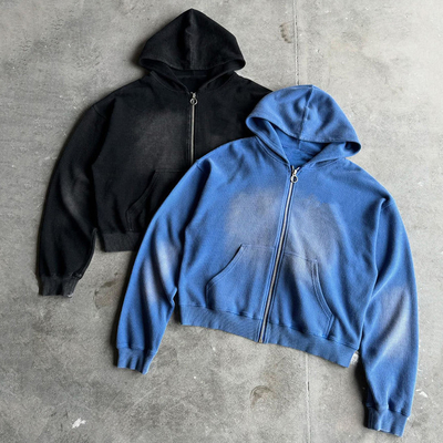 satın al Özel 400 gram ağırlıklı boş boyutlu sandalye fit zip up Vintage Güneş solmuş asit yıkama erkekler için waffle hoodie online manufacture
