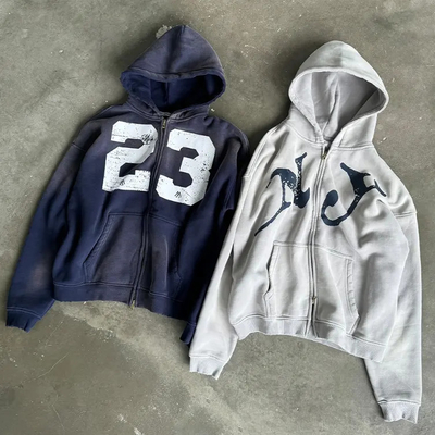 satın al Özel 400 Gsm Büyük Boylu Ekran Baskı Kapüşon Sokak Giyimleri Erkekler Premium Pamuk Yıkanmış Vintage Çift Zip Up Kapüşon online manufacture