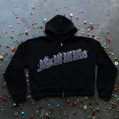 satın al Özel Erkekler % 100 Pamuk Ağırlıklı nakış Çektiği Asit Yıkama Kutusu Kesilmiş Zip Up Rhinestone Hoodies Erkekler İçin online manufacture