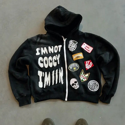 satın al Custom Zip Up Heavyweight Pamuk Terry Hoodie Box Fit ve Distressed Patch nakış mevsimsel gerekli online manufacture