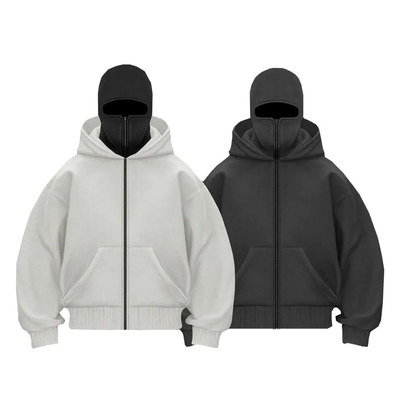 satın al Üreticisi Ağır Pamuk Patchwork Çift Başlıklı Tam Zip Up Balaclava Kapüşon Özel Ninja Maskeli Erkek Kapüşon online manufacture