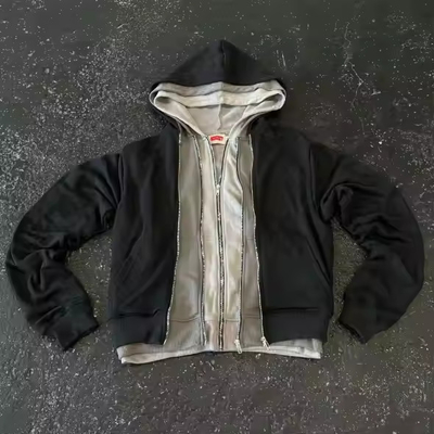 satın al Sokak Giysileri Zip Up Hoodie Yaka Kapüşonlu OEM Özel Üç Katmanlı Hoodies Erkekler İçin online manufacture
