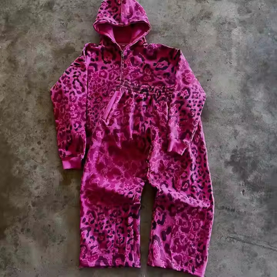 satın al Özel Fransız Terry Spor takım elbiseleri Leopar Baskı Fermuarlı Paltoslar ve Kapüşonlu Paltoslar Çanta Yürüyenler Çantası Sokak Giyimleri Erkekler 2 Parça Çantası online manufacture