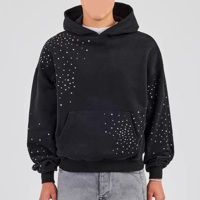 satın al Özel Pullover Kapüşonlu Erkekler Sokak Giyim Nakış Logosu Vintage Asit Yıkama Büyük Boy Düşük Omuzlu Rhinestone Kapüşonlu online manufacture