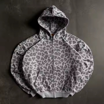 satın al Özel Tasarım Fermuar Artı Boyut Kutucu Kesilmiş Leopar Baskı Fermuar Vintage Pamuk Terry Asit Yıkama Erkekler İçin Sokak Giyimleri Kapüşonlar online manufacture