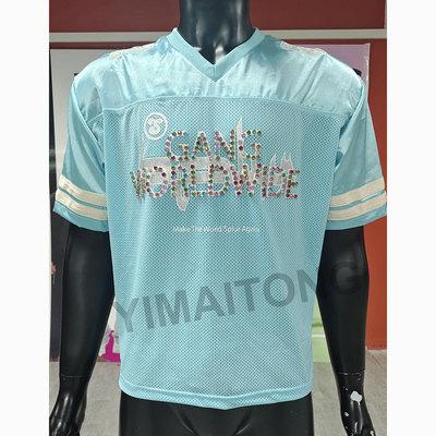 satın al Özel Sokak Giyim Erkek Bol Kesim Kırpılmış Perçinli Yapay Elmaslı Saten File Tişört Amerikan Retro Nefes Alabilen Spor Futbol Forması online manufacture