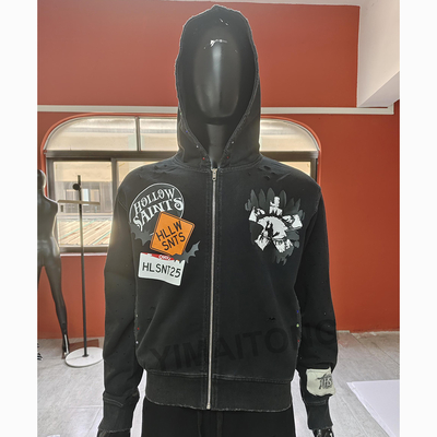 satın al Özel nakış Patchwork Zipper Hoodies Ağır Kıyafetler Pamuk Sokak Giyimleri Vintage Asit Yıkama Zip Up Hoodie Erkekler online manufacture