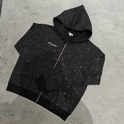 satın al 2025 Custom Big Hood Zipper Hoodie Ceket 100% Pamuk Fransız Terry Tüm Üzerinde Baskı Rhinestone Zip UpHoodie Erkekler için online manufacture