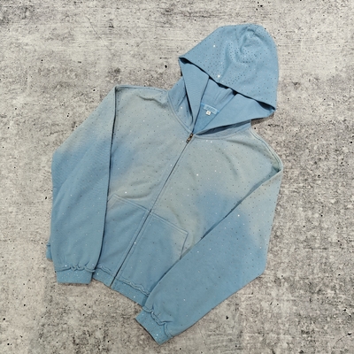 satın al Özel 2025 Sokak Giysileri Ağır Ağırlıklı Rhinestone Hoodie Unisex Boş Vintage Güneş Solmuş Asit Yıkama Zip Up Oversized Hoodies online manufacture
