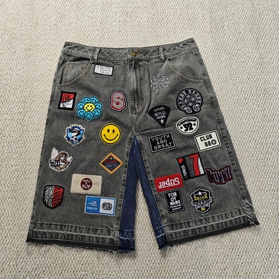 satın al Özel nakış yamaları Logo Çantalı Ceketler Sokak Giysileri Yüksek Kalite Çiğ Hem Vintage Denim Jeans Erkekler için Şortlar online manufacture