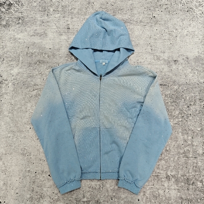 satın al Özel 2025 Sokak Giysileri Ağır Ağırlıklı Rhinestone Hoodie Unisex Boş Vintage Güneş Solmuş Asit Yıkama Zip Up Oversized Hoodies online manufacture