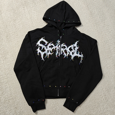 satın al Custom Distressed Embroidery Boxy Cropped Zipper Streetwear 400 gsm 600gsm Men Zip up Heavyweight Rhinestone Hoodie online manufacture