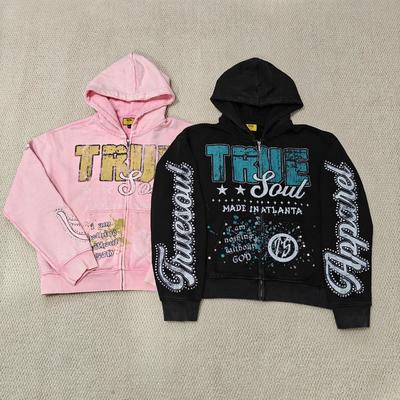 satın al Custom DTG Screen Printing Boxy Heavyweight Zipper Jackets Cotton Distressed Rhinestone Zip up Men Hoodie online manufacture