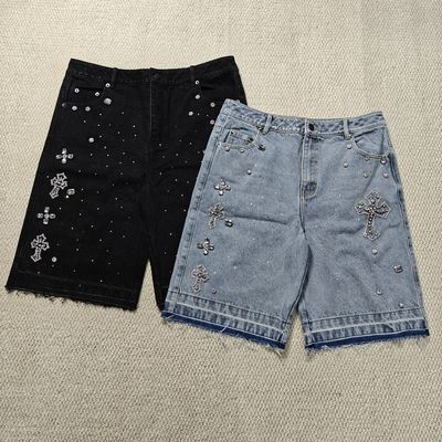 satın al Clothing Manufacturers Custom Streetwear Rhinestone Vintage Black Jeans Shorts Rhinestone Denim Shorts Jorts for Men online manufacture
