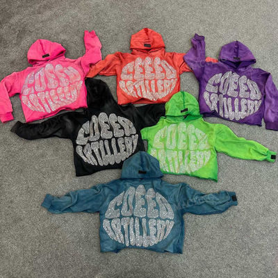 Özel Sokak Giysileri Ağır Ağırlıklı Fransız Terry Pamuk Asit Yıkama Süveter Rhinestone Kesilmiş Kapüşon Erkekler