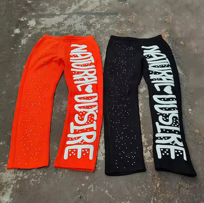 Kişisel Rhinestone Puff Baskı Ter Pantolon Koşucular Vintage Asit Yıkama Açık Ter Pantolon Erkekler