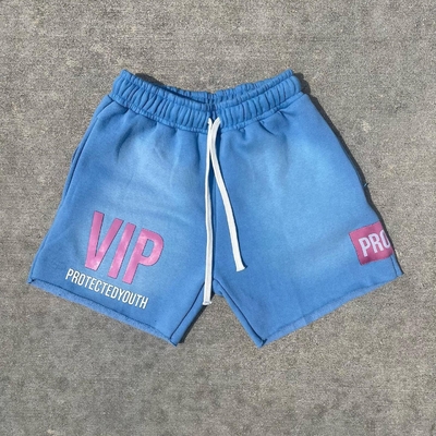 Custom Puff Print Logo Asit Yıkama Şort pamuk yün fermuar cepler Erkekler için ter şortları