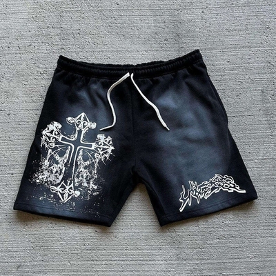 Tricked Custom Graphic Print Cotton Fransız Terry'de Vintage Acid Wash Şortlar