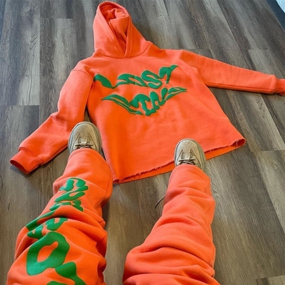 Kriket pamuklu spor takım elbisesi özel Erkekler Hoodie Set Puff Print Yüklü Flared Pantolon