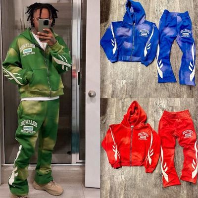 Cinsiyet tarafsız erkeklerin asit yıkama fermuarlı spor takım elbisesi 2 parça takım elbise ve spor pantolonları ile