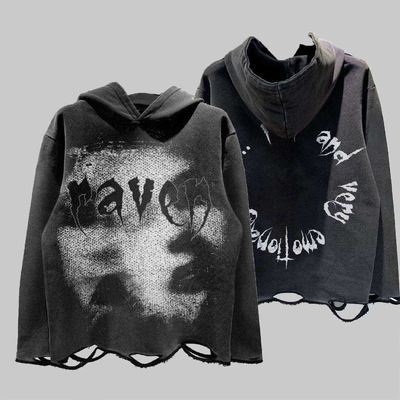 Pamuk kumaş Unisex Sıkıntılı Hoodie Ekran Baskı Fransız Terry Pullover