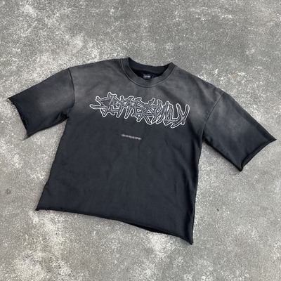 300 gramlık Fransız Terry ağırlıklı tişört T-shirt Güneş solmuş Asitle yıkanmış Kısmi kesilmiş tişört Erkekler