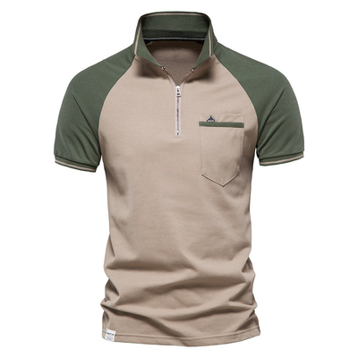 Bahar Yaz Erkek Özel Polo Gömleği İki Renkli Splicing ve Zipper Ön Tasarımı