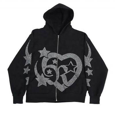 700 gram Ağır ağırlıklı Rhinestone Zipper Erkekler Hoodies Sweatshirts Full Zip Up Hoodie