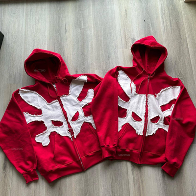 Yıkanmış Özel 500 Gsm Sokak Giysi Ağır ağırlıklı Fransız Terry Vintage Asit Yıkama Sıkıntılı Yama Uygulama nakış Zip Up Hoodie