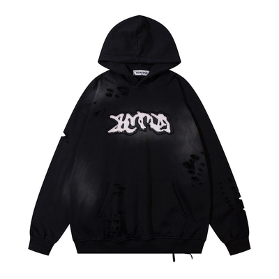 Vintage Stone Sand Yıkama Yırtılmış Hoodie Amerikan Sokak Giyimleri Ağır Ağırlık Asit Yıkama