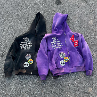 özel strass kapüşon Erkekler Chenille Patch nakış Asit Yıkama Güneş solmuş 100% Pamuk