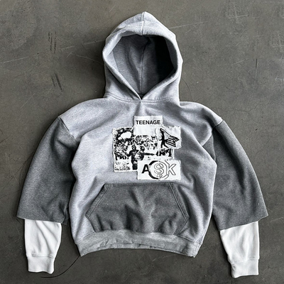 Kişisel Patchwork nakışlı ve Çift Katmanlı Waffle Kollu ile Erkek Gri Pullover Kapüşon