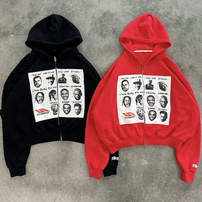 Bahar/Kış/Kış Özel Fermuarlı Kapüşonlu Erkekler İçin Ağır Kilo Çatlaklı Sıkıntılı Nakış Patch