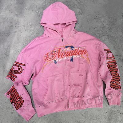 Özel Rhinestone 100% Pamuk 500 Gsm Ağır Ağırlıklı Zip Up Vintage Kırılmış Acid Wash Hoodie