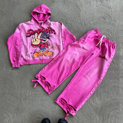 Sokak Giysi Rhinestone Zip Up Hoodie Ter Pantolon Set Asit Yıkama Erkek Spor Kostümü Güneş Solmuş Erkekler Spor Kostümü