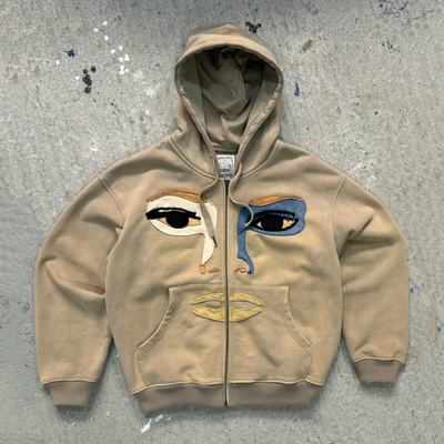 Özel Kalın Ağır % 100 Pamuk Asit Yıkama Fransız Terry Sıkıntılı Patch İş nakışlık Zip Up Hoodies Erkekler