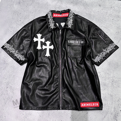 Özel Hip Hop Erkek Patch nakış Sıkıntılı Tişört Erkekler Zip Up Box Fit Kısa Kollu PU Deri Tişört