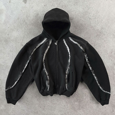 Sokak Giysi Hoodie Özel Vintage Fringe Çizgi 100% Pamuk Sıkıntılı Fermuar Ağır Kilo Kutusu Uyumlu Kısaltılmış Hoodies