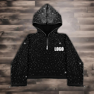 Sokak kıyafetleri özel 380 500gm erkekler Fransız terri yünü tüm baskı strhinestone kutucu kesilmiş tam yüz yarı zip up kapüşon erkekler