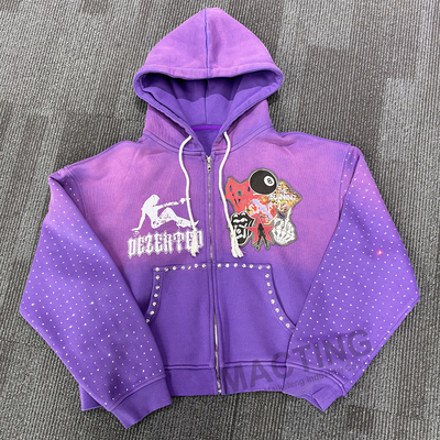 Custom Streetwear Vintage Yıkanmış Kapüşonlar Güneş solmuş Patchwork Dökme Strass Kutusu Kesilmiş Zip Up Kapüşon Erkekler İçin