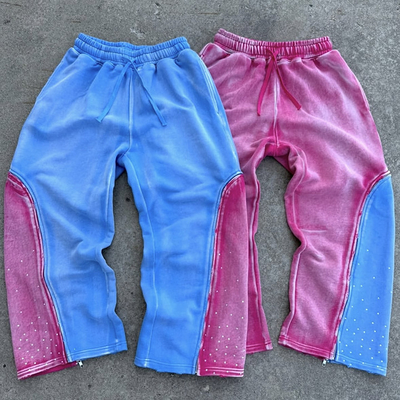 Özel Çifte Bel Ağır Kıyafet Pamuk Vintage Asit Yıkama Ter Pantolonları Çektiği Rhinestone Geniş Bacaklı Erkekler için Ter Pantolonları