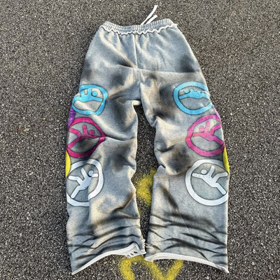 Özel Yüksek Kalite Ağır Kıyafet Pamuk Vintage Asit Yıkama Çarpık Çöplü Düz Bacaklı Erkekler İçin Spor Pantolonları