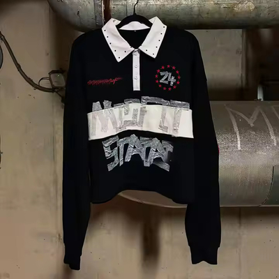 Özel 2025 Sokak Giysileri Çizgili Düğme Yakası Geniş Boyutlu Rhinestone Dtg Baskı Uzun Kollu Erkekler İçin Rugby Polo Gömlekleri