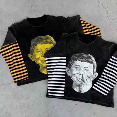 Erkekler için çift katmanlı uzun kollu tişört özel asit yıkama 350gm bantlı ağır ağırlıklı grafik tişört