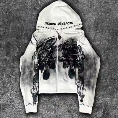 Özel Kirli Yıkanmış Fermuar Rhinestone Hoodie Erkek Grafik Baskılı Logo Fransız Terry Sokak Giyimleri Vintage Sıkıntılı Hoodie