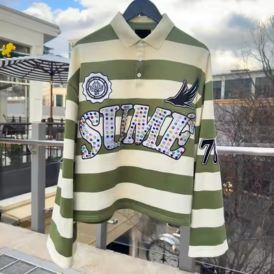 Özel nakış Rugby Cemiz Polo Renkli Blok Rhinestone Uzun Kollu Kutlu Uyumlu Kesilmiş Dikişli Şeritli Polo Gömleği Erkekler İçin